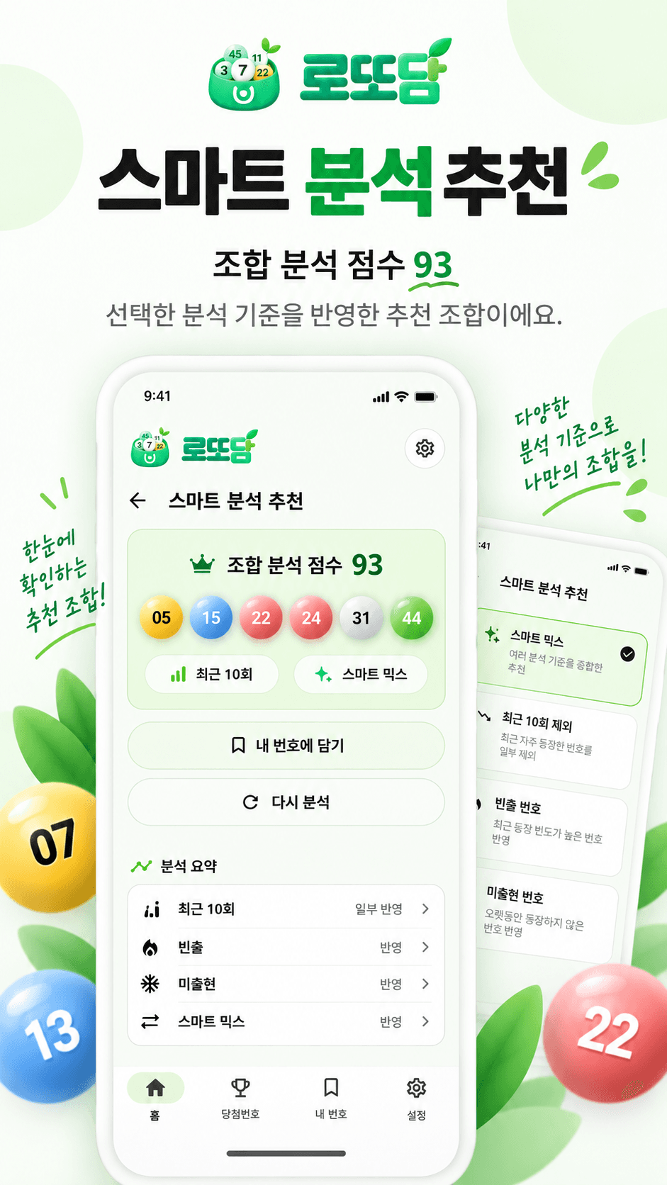 조합 분석 점수와 분석 요약을 제공하는 스마트 분석 추천 화면
